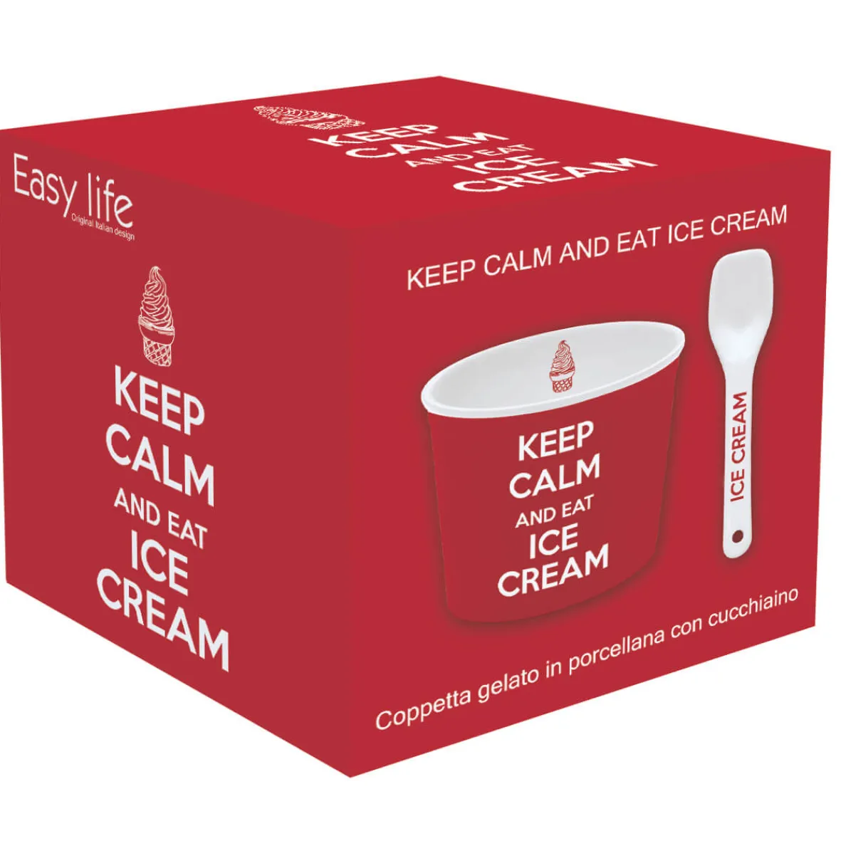 Easy Life Bol à glace avec cuillère, dans une boîte Keep CALM AND EAT ICE CREAM RED> Services De Table En Porcelaine