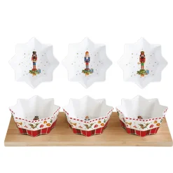 Easy Life Ensemble apéritif avec 3 bols et base en bambou Vintage NUTCRACKER> Noël|Services De Table En Porcelaine​