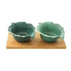 Easy Life Ensemble apéritif avec plateau en bambou et 2 bols en porcelaine en forme de feuille MADAGASCAR> Moderne|Services De Table En Porcelaine​