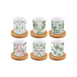 Easy Life Ensemble de 6 tasses à espresso de 110 ml avec soucoupes en bambou Wild TROPICAL> Coffret Cadeau|Petit Dejeuner