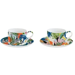 Easy Life Ensemble de 2 tasses de 240 ml avec soucoupes TROPICAL VIBES> Coffret Cadeau|Petit Dejeuner