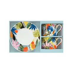 Easy Life Ensemble de 2 tasses de 240 ml avec soucoupes TROPICAL VIBES> Coffret Cadeau|Petit Dejeuner