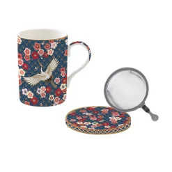 Easy Life Mug et sous-verre en porcelaine avec infuseur, 350 ml OKINAWA> Coffret Cadeau|Petit Dejeuner