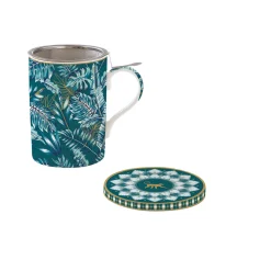 Easy Life Mug et sous-verre en porcelaine avec infuseur 350 ml Atmosphere JUNGLE> Coffret Cadeau|Petit Dejeuner