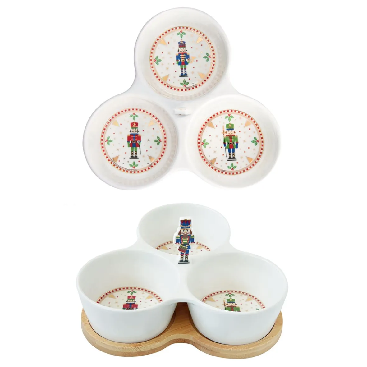 Easy Life Set apéritif avec 3 bols en porcelaine et support en bambou NUTCRACKER> Noël|Services De Table En Porcelaine