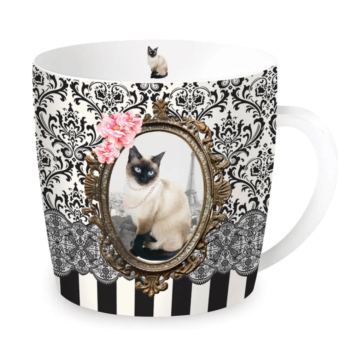 Easy Life Tasse en porcelaine dans une boîte en fer-blanc BAROCCO CATS VersC> Petit Dejeuner