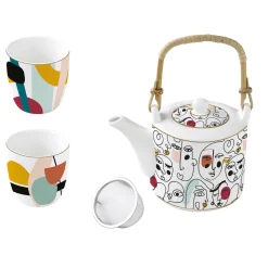 Easy Life Théière avec infuseur de 600 ml et 2 tasses en porcelaine MODERNISM> Coffret Cadeau|Petit Dejeuner