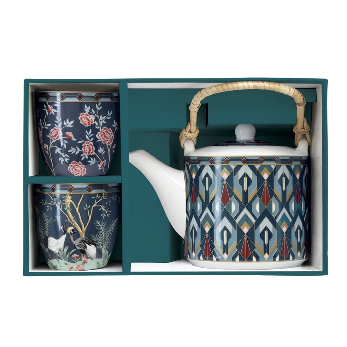 Easy Life Théière de 600 ml avec 2 tasses en porcelaine, dans une boîte cadeau MANDALAY> Coffret Cadeau|Petit Dejeuner