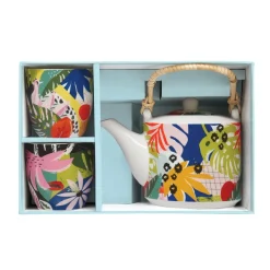 Easy Life Théière de 600 ml avec 2 tasses TROPICAL VIBES> Coffret Cadeau|Petit Dejeuner